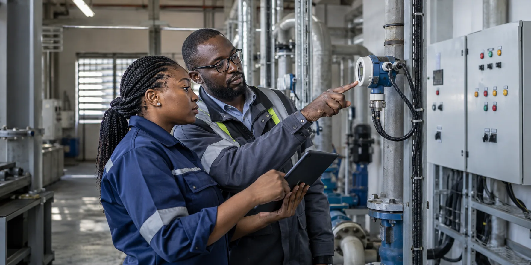 Nigerian engineers inspecting a connected monitoring installation